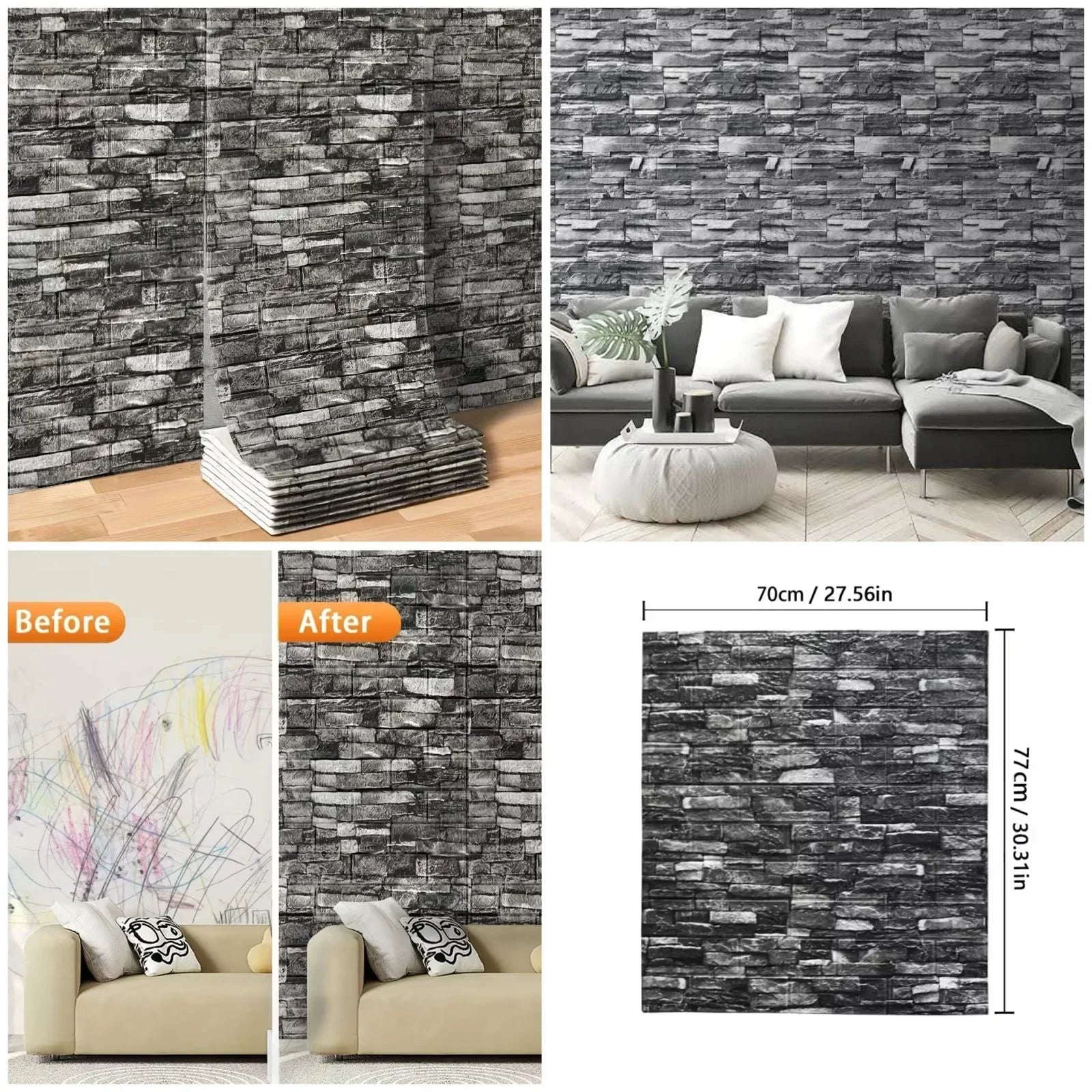 70cm x 77cm - Grey Brick Wallpaper Peel and Stick Wallpaper